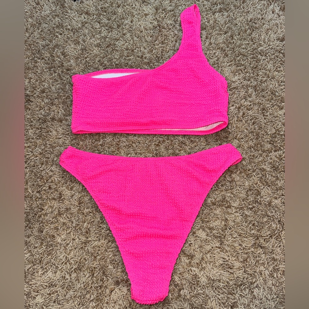 Hot Pink Textured One-Shoulder Bikini Set - Picture 2 of 2